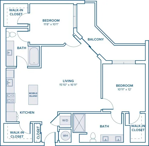 1109 square foot two bedroom two bath apartment floor plan in St. Petersburg, FL