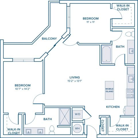 1146 square foot two bedroom two bath apartment floor plan in St. Petersburg, FL