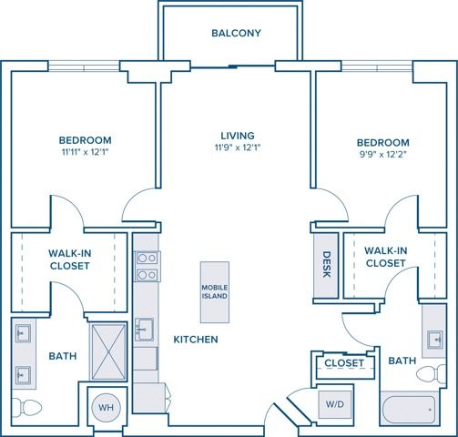 1143-1148 square foot two bedroom two bath apartment floor plan in St. Petersburg, FL