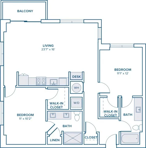 1155 square foot two bedroom two bath apartment floor plan in St. Petersburg, FL