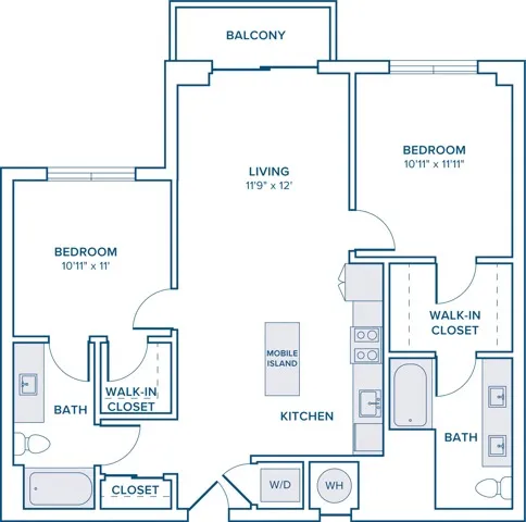 1027 square foot two bedroom two bath apartment floor plan in St. Petersburg, FL