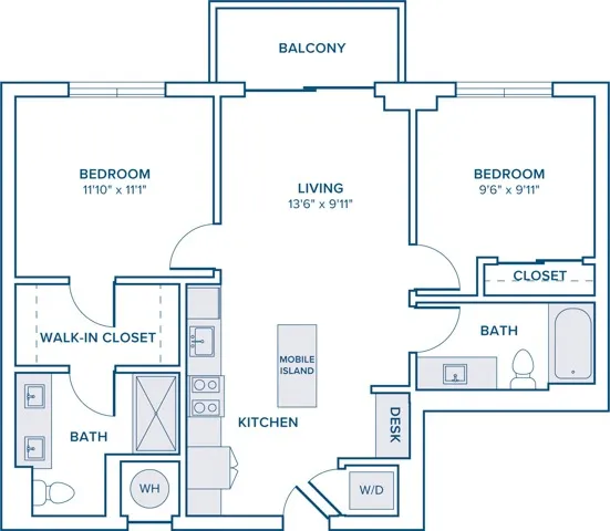 902 square foot two bedroom two bath apartment floor plan in St. Petersburg, FL