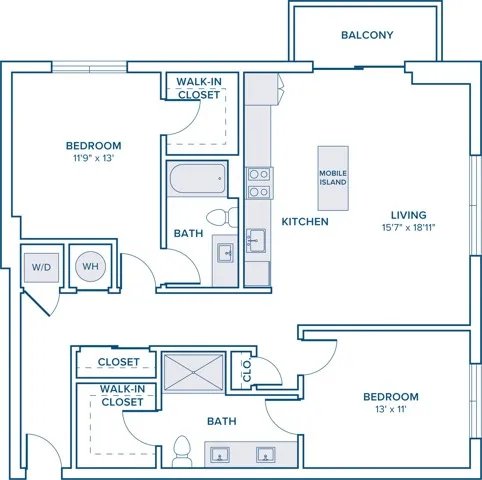 1188 square foot two bedroom two bath apartment floor plan in St. Petersburg, FL