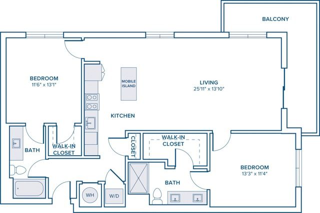 1194 square foot two bedroom two bath apartment floor plan in St. Petersburg, FL