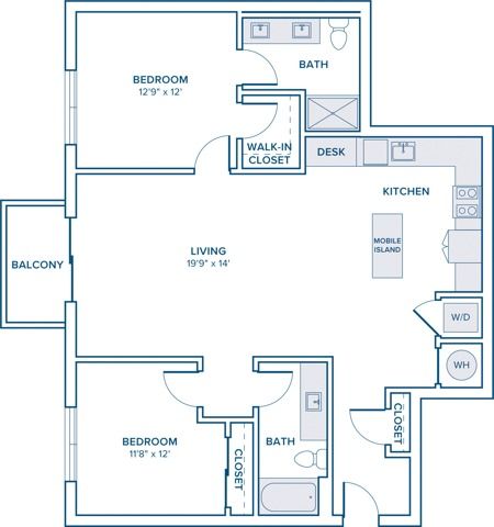 1201 square foot two bedroom two bath apartment floor plan in St. Petersburg, FL