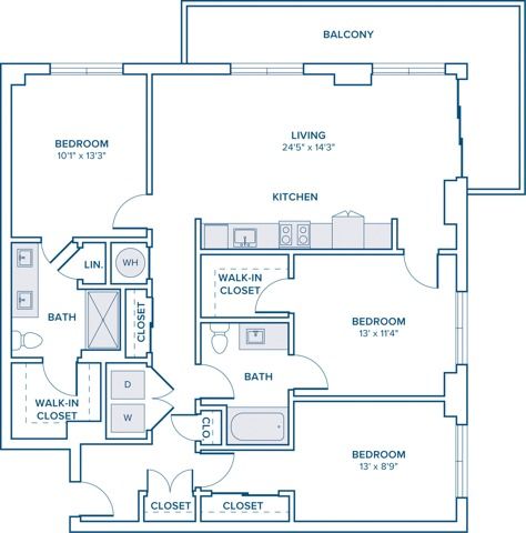 1371 square foot three bedroom two bath apartment floor plan in St. Petersburg, FL