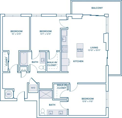 1400 square foot three bedroom two bath apartment floor plan in St. Petersburg, FL