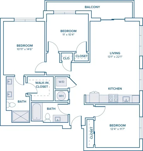 1249 square foot three bedroom two bath apartment floor plan in St. Petersburg, FL