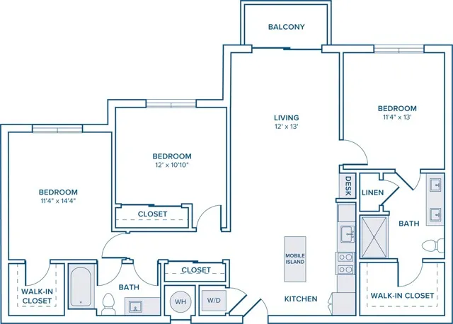 1365 square foot three bedroom two bath apartment floor plan in St. Petersburg, FL