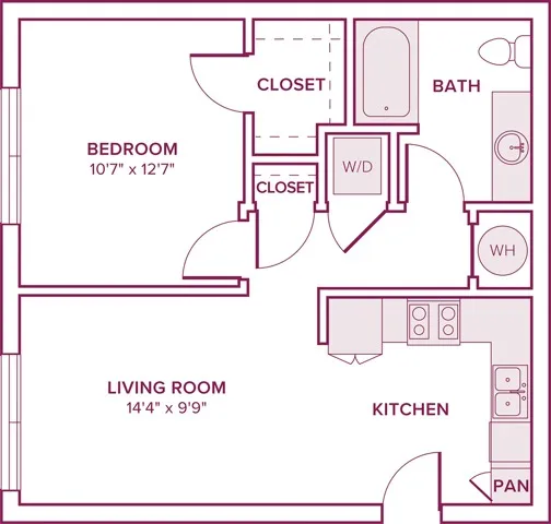 618 square foot one bedroom one bath apartment floor plan in Georgetown, TX