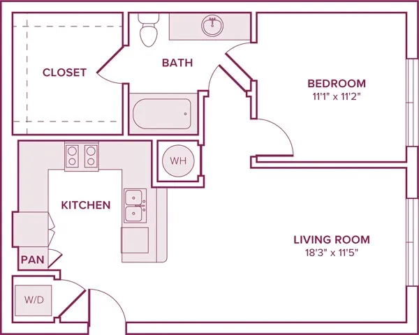704 square foot one bedroom one bath apartment floor plan in Georgetown, TX