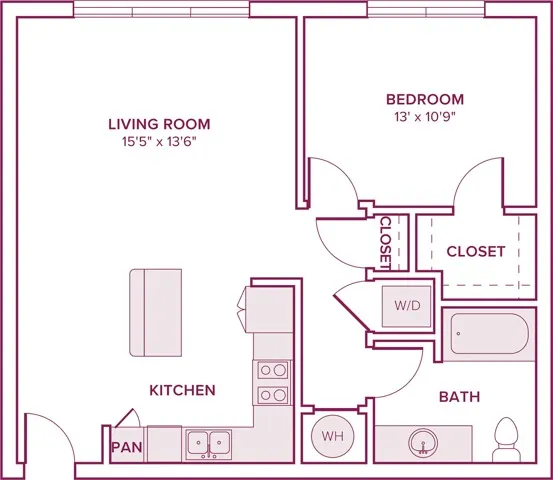 744 square foot one bedroom one bath apartment floor plan in Georgetown, TX