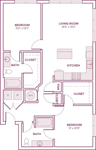 1086 square foot two bedroom two bath apartment floor plan in Georgetown, TX