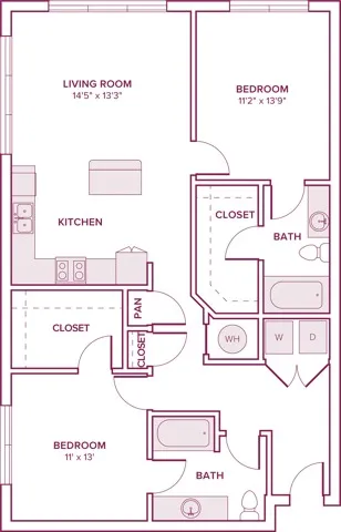 1109 square foot two bedroom two bath apartment floor plan in Georgetown, TX