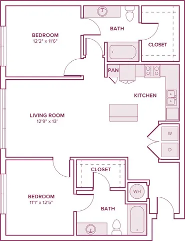 1132 square foot two bedroom two bath apartment floor plan in Georgetown, TX