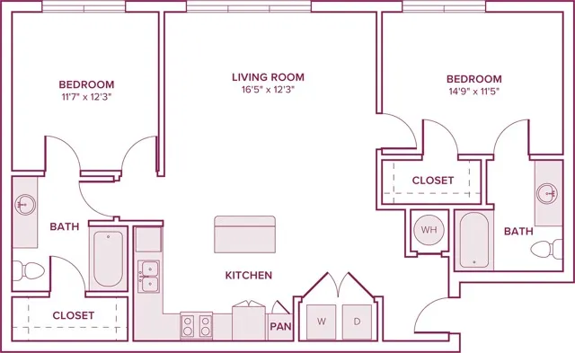1137 square foot two bedroom two bath apartment floor plan in Georgetown, TX
