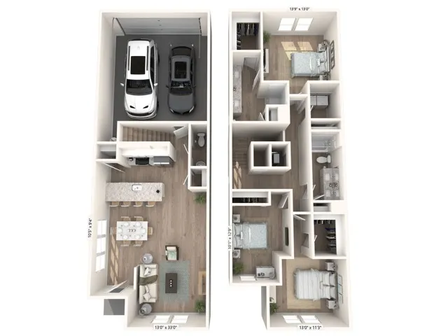 1677 square foot three bedroom two bath townhome floor plan in Kissimmee, FL