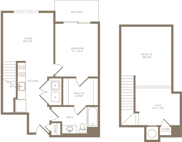 841 square foot one bedroom one bath loft apartment floorplan image