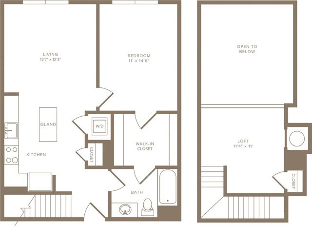884 square foot one bedroom one bath loft apartment floorplan image