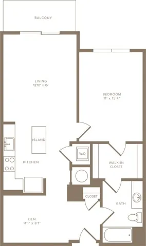 839 to 889 square foot one bedroom one bath with denapartment floorplan image