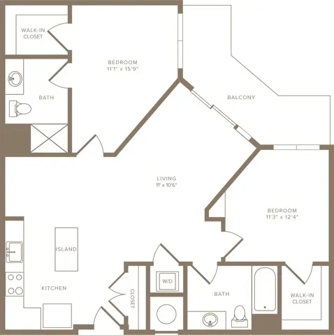 1071 square foot two bedroom two bath apartment floorplan image