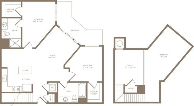 1207 square foot two bedroom two bath loft apartment floorplan image
