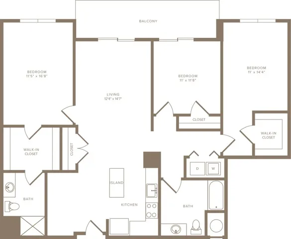 1517 square foot three bedroom two bath apartment floorplan image