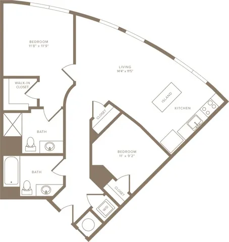 1009 square foot two bedroom two bath apartment floorplan image