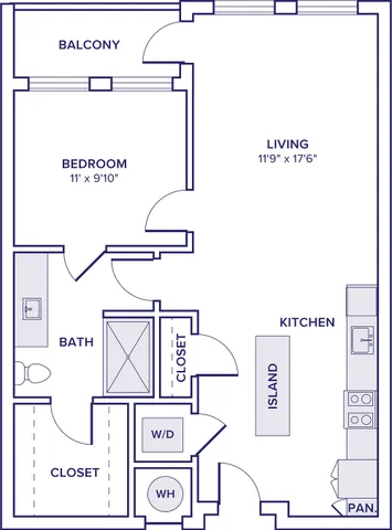 Modern floor plan featuring 1 bedroom, open living area, stylish kitchen with island, and private balcony.