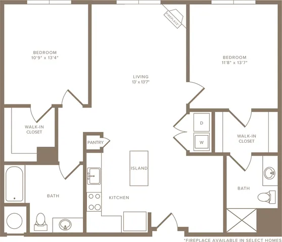 Chic floor plan featuring 2 spacious bedrooms, open living area with a fireplace, modern kitchen with island, and dual walk-in closets.