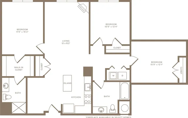 Modern apartment floor plan featuring three spacious bedrooms, a cozy living area with a fireplace, an open kitchen with an island, and two elegant bathrooms.