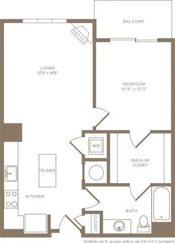 Modern floor plan showcasing a one-bedroom apartment with a spacious living area, kitchen island, and balcony. Includes a walk-in closet and bathroom, featuring a cozy fireplace.