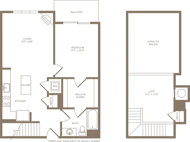 Elegant floor plan featuring a spacious living area with fireplace, modern kitchen with island, and cozy bedroom opening to a balcony. Includes loft space, walk-in closet, and bathroom. Perfect blend of style and functionality.