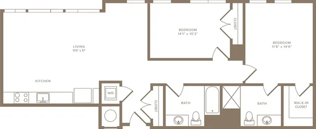 Elegant floor plan showcasing two spacious bedrooms, an open living area with kitchen, two bathrooms, and a convenient walk-in closet.