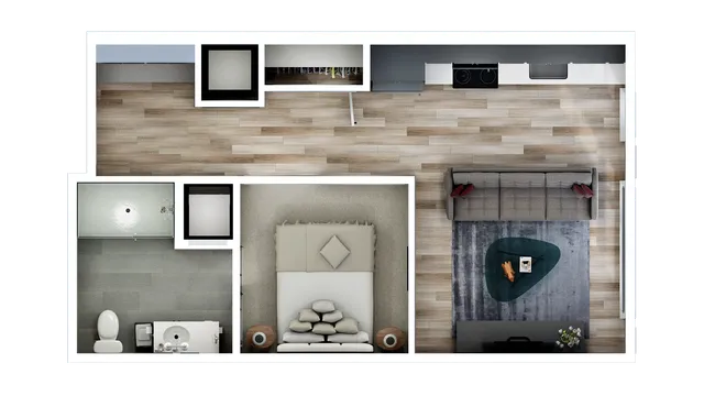 The Williams studio floor plan at Southern Station offers 503 sq. ft. of modern living space with 1 bath, an open layout, and access to luxury amenities in Grandview Heights.