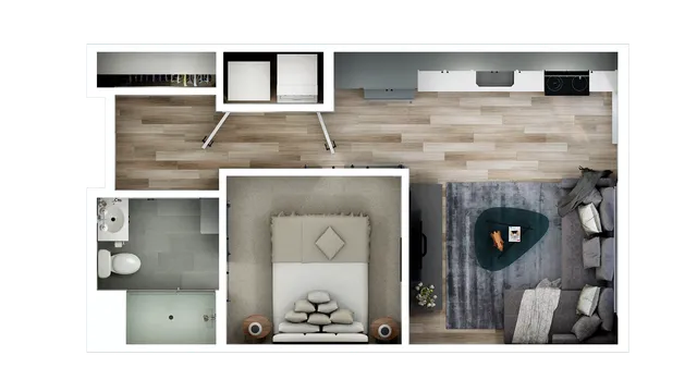 The Wallace studio at Southern Station features 504 sq. ft., 1 bath, modern finishes, and open living, with access to top amenities in Grandview Heights.