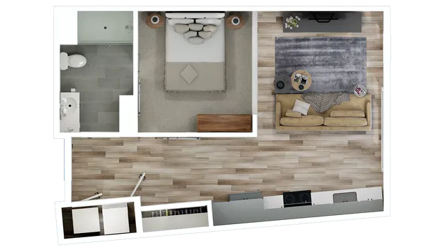 The Auch studio at Southern Station features 594 sq. ft., 1 bath, quartz countertops, stainless steel appliances, in-unit washer and dryer, and luxury amenities in Grandview Heights.