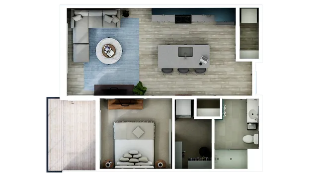 The Peyton 1-bedroom at Southern Station features 689 sq. ft., 1 bath, quartz countertops, stainless steel appliances, in-unit washer and dryer, and premium amenities in Grandview Heights.