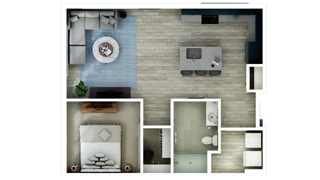 The Wally 1-bedroom at Southern Station features 749 sq. ft., 1 bath, stainless steel appliances, quartz countertops, in-unit washer and dryer, and premium amenities in Grandview Heights.