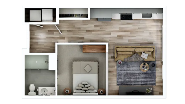 The Fulton studio at Southern Station offers 565 sq. ft., 1 bath, modern finishes, quartz countertops, in-unit washer and dryer, and access to luxury amenities in Grandview Heights.