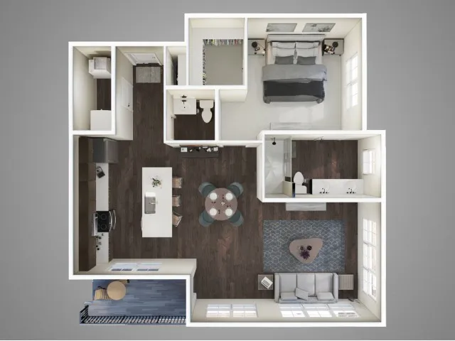 The Petal Floor Plan &ndash; A pet-friendly 977 sq. ft. 1-bed, 1.5-bath apartment near downtown Columbus, Ohio. Enjoy a private balcony, modern finishes, stainless steel appliances, and quartz countertops.