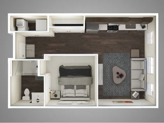 The Nickel Floor Plan &ndash; A pet-friendly 565 sq. ft. 1-bed, 1-bath apartment near downtown Columbus, Ohio, featuring modern finishes, stainless steel appliances, and an efficient layout.
