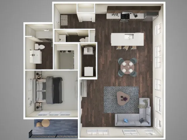 The Ring Floor Plan &ndash; A pet-friendly 1-bed, 1.5-bath apartment with 1,087 sq. ft. near downtown Columbus, Ohio. Features a private balcony, modern finishes, stainless steel appliances, and quartz countertops.