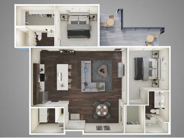 The Double Stack Floor Plan &ndash; A pet-friendly 1,271 sq. ft. 2-bed, 2-bath apartment near downtown Columbus, Ohio, featuring spacious living areas, quartz countertops, stainless steel appliances, and modern finishes.