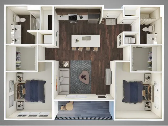 The Combo Floor Plan &ndash; A pet-friendly 1,160 sq. ft. 2-bed, 2-bath apartment near downtown Columbus, Ohio, featuring a balcony, modern kitchen, quartz countertops, and stainless steel appliances.