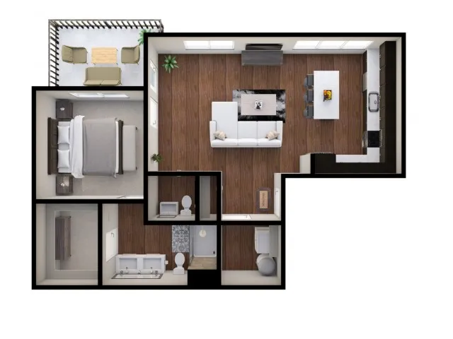 The Howell Floor Plan &ndash; A pet-friendly 928 sq. ft. 1-bed, 1.5-bath apartment near downtown Columbus, Ohio, featuring modern finishes, stainless steel appliances, quartz countertops, and spacious living areas.