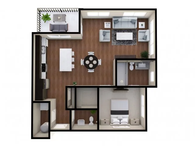 The Craver Floor Plan &ndash; A pet-friendly 968 sq. ft. 1-bed, 1.5-bath apartment near downtown Columbus, Ohio, featuring a balcony, modern kitchen, quartz countertops, and stainless steel appliances.