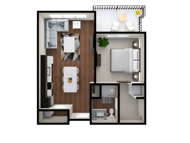 The Crinkle Floor Plan &ndash; A 689 sq. ft. pet-friendly 1-bed, 1-bath apartment near downtown Columbus, Ohio, featuring modern finishes, stainless steel appliances, and quartz countertops.