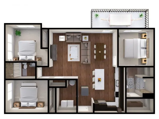 The Castle Floor Plan: Spacious 1,405 square foot pet-friendly 3-bed, 2-bath apartment near downtown Columbus. Features quartz countertops, oversized windows, and modern finishes.