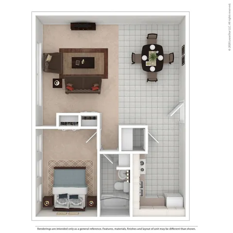 1 Bedroom, 1 Bathroom 3D Furnished
